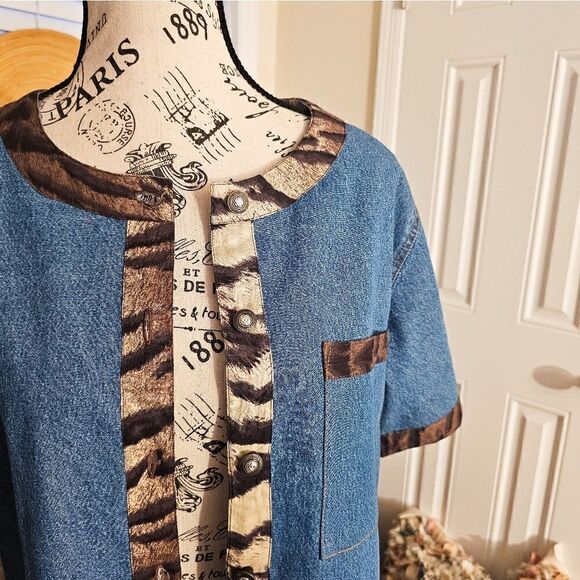 Vtg 80's Studio West Boxy Animal Print Trim Denim Short Sleeve Jacket. - Picture 12 of 15